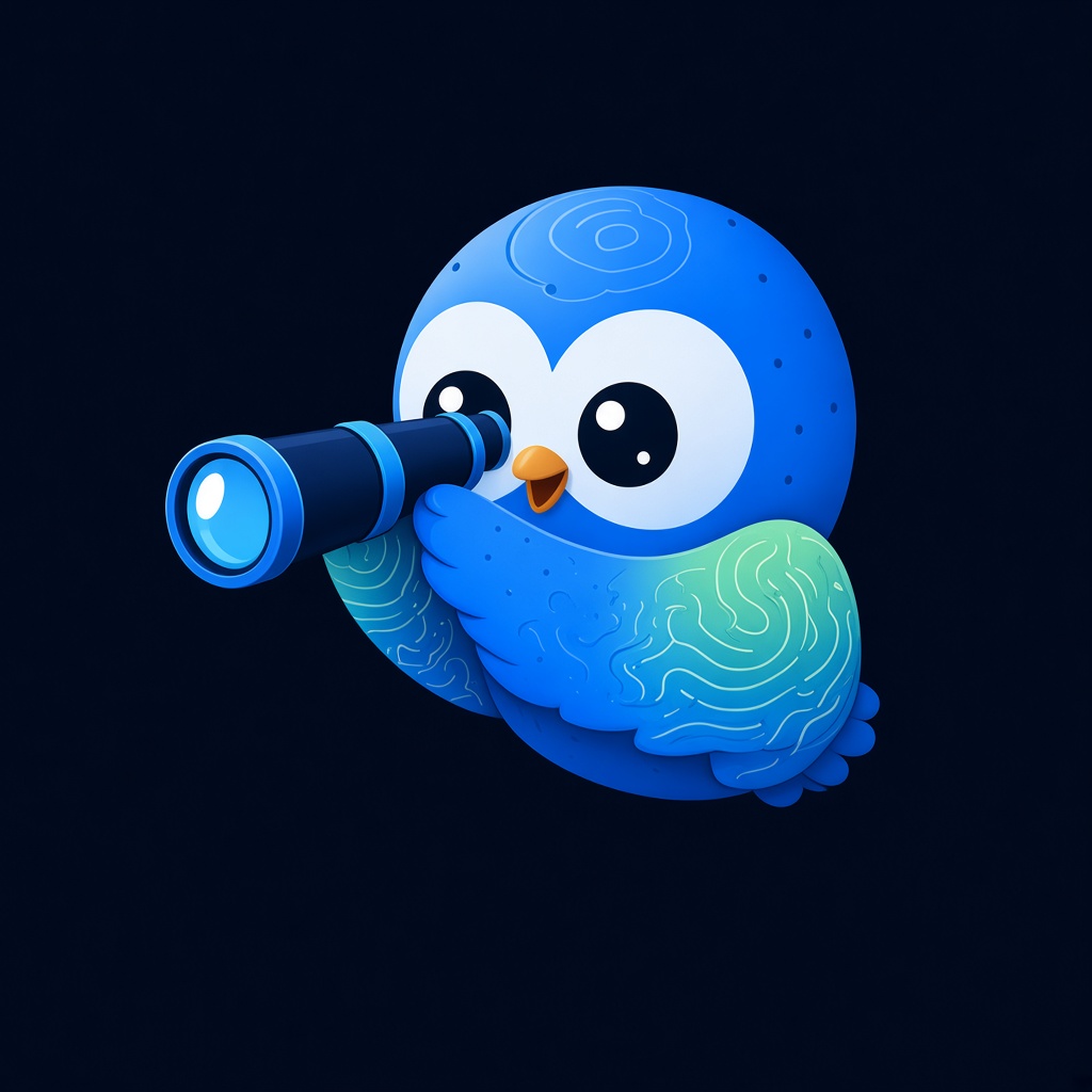 Owly schaut durch ein Teleskop